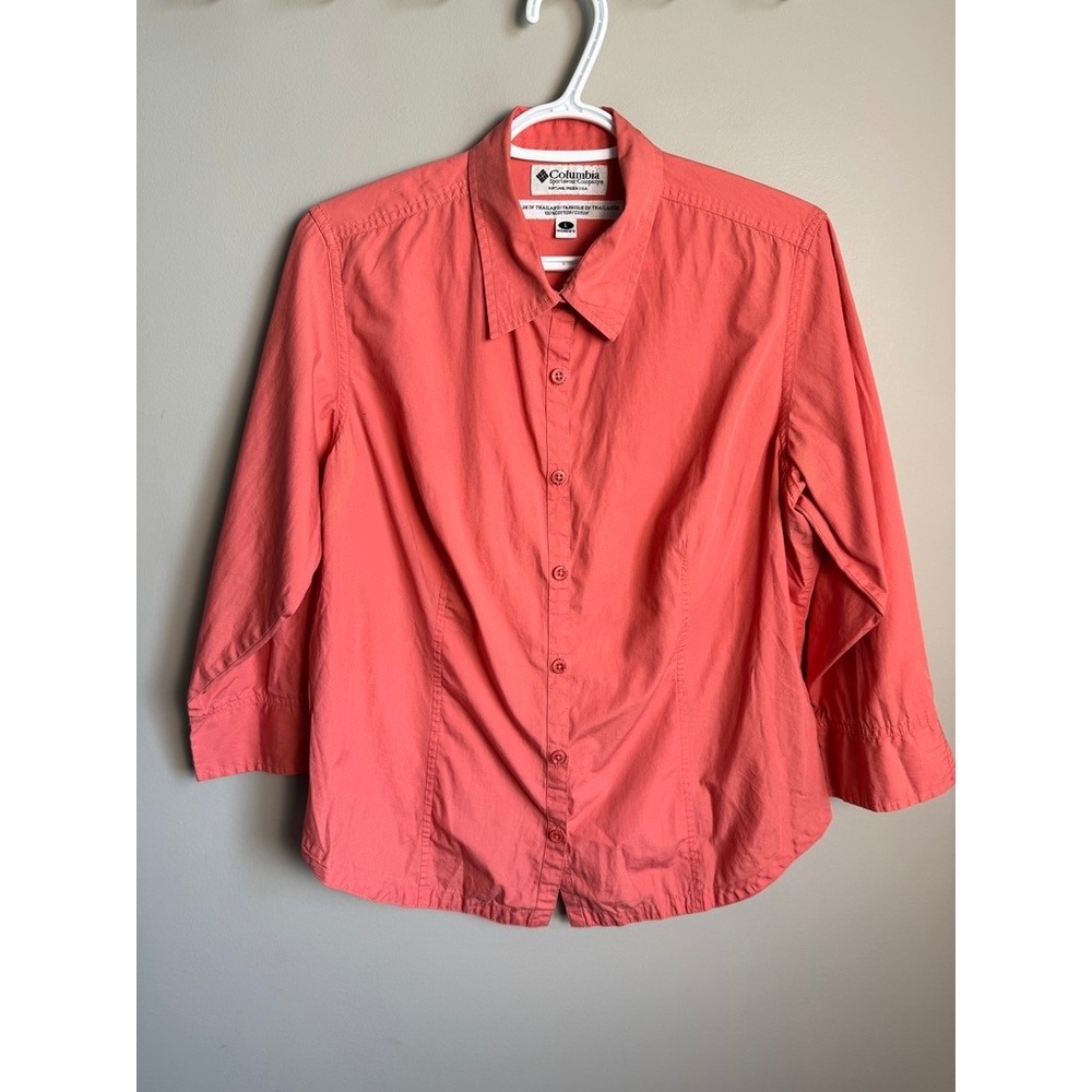 Columbia Button Up 3/4 Sleeve Cotton Shirt L Salmon Pink Gorpcore Utility Office